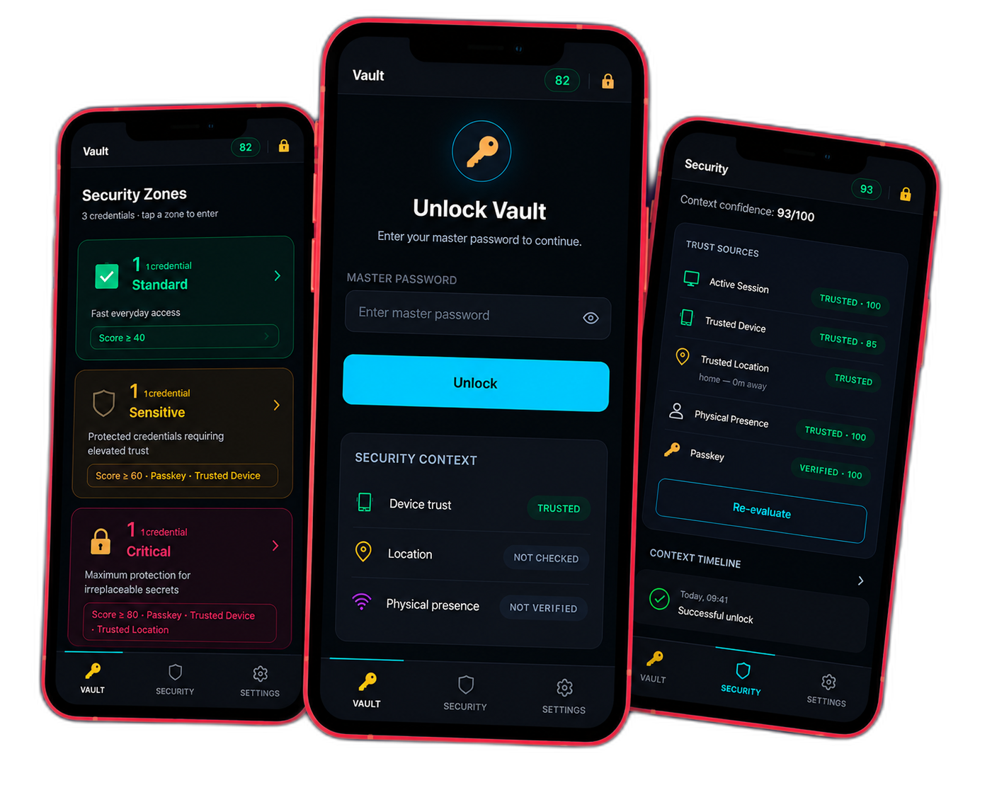 VaultMaster dashboard, security zones, and a critical-entry approval screen shown across three devices