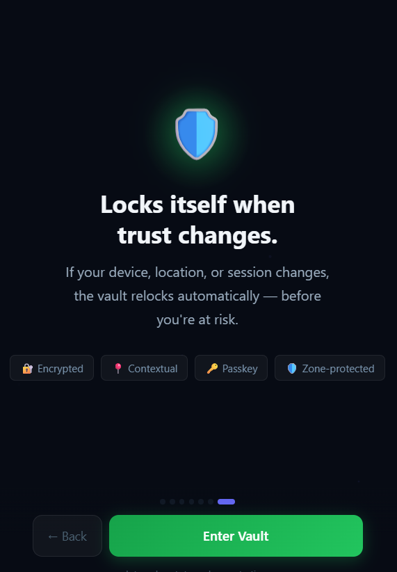 VaultMaster onboarding screen confirming the vault locks itself when trust changes