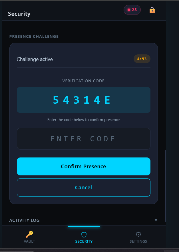VaultMaster presence challenge screen requesting a verification code to confirm physical presence