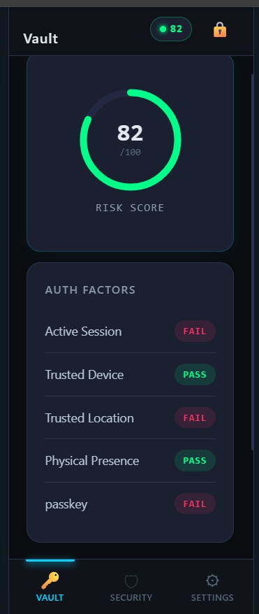 VaultMaster dashboard screen showing an 82/100 risk score and auth factor status